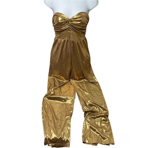 Gold Metallic Strapless Wide Leg Jumpsuit Womens S 28” Inseam NYE Party - Picture 4 of 13